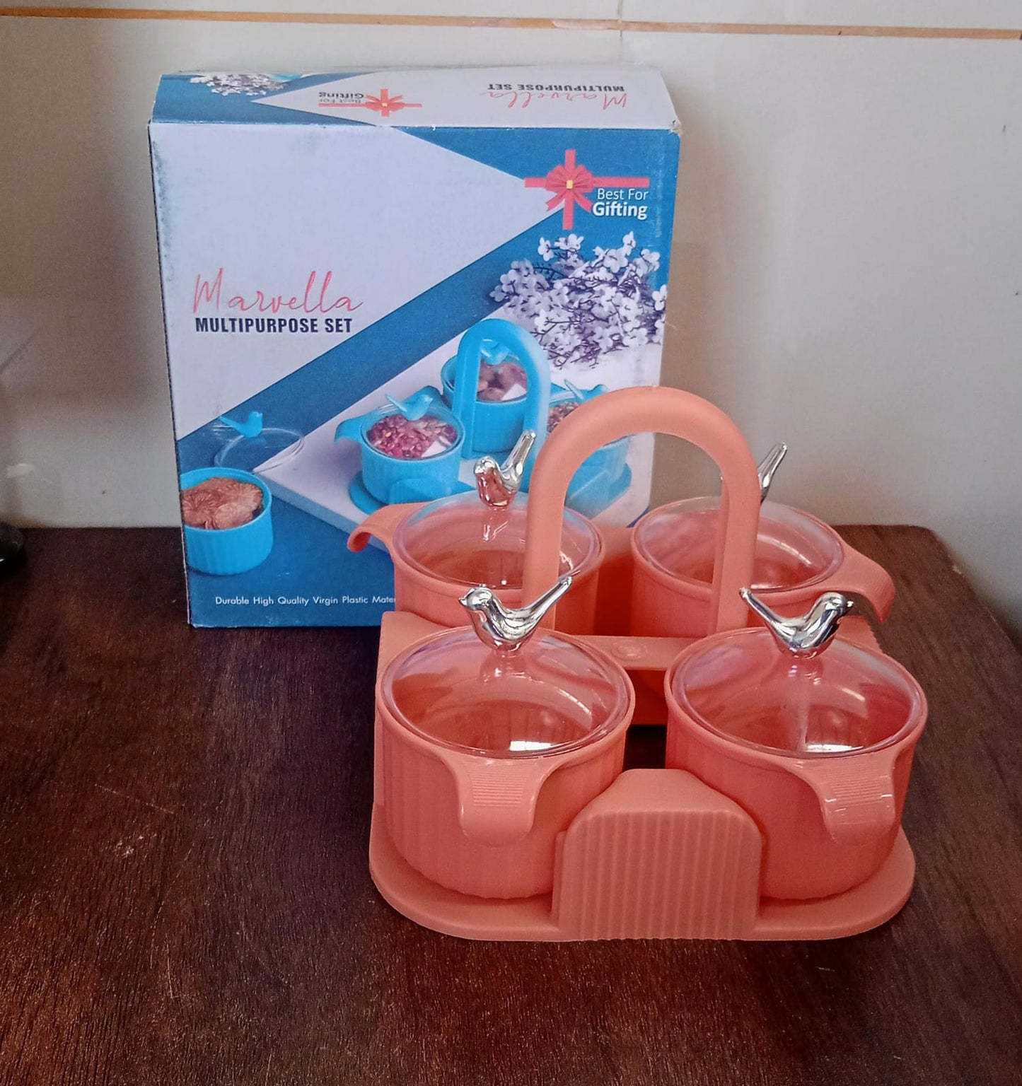 Multipurpose Silver Sparrow, Jar Dry fruit Set, for Home and KitchenÃ‚Â Airtight Dry Fruit Plastic Storage Container Tray Set With Lid & 4 Serving Jar Container for Sweets, Chips, Cookies | (4 Pc Set)