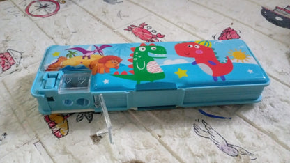 Plastic Multipurpose Compass Box Ã¢â‚¬â€œ Double Deck Pencil Case with 2 Compartments & Cartoon Organizer (1 Pc, Mix Design)